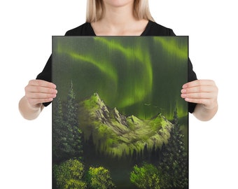 Canvas Print - Limited Edition - Emerald Aurora Borealis Mountain landscape by PaintWithJosh