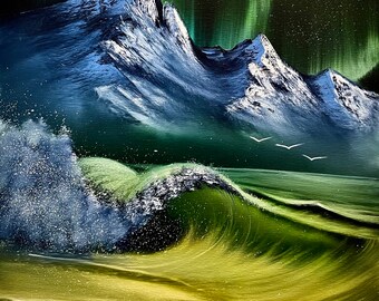 Painting 1280 - 18x24" Canvas - Aurora Borealis Mountain Seascape painted Live on TikTok on 5/6/24 by PaintWithJosh