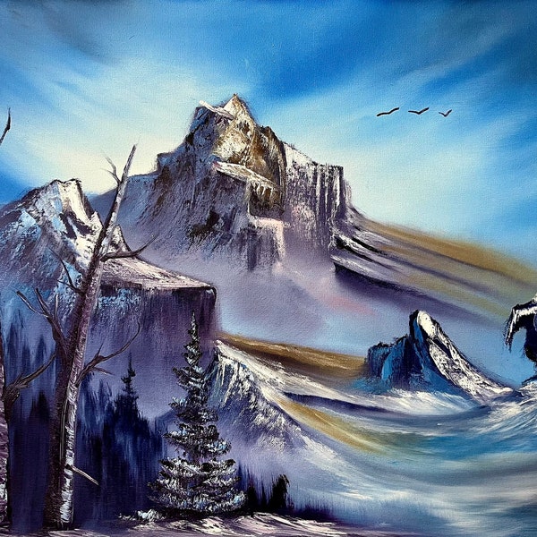 18x24" Mountain Glory - Landscape Oil Painting featuring a Striking Blue Sky, Giant Fortress Like Mountains, & Evergreen Trees - 500th