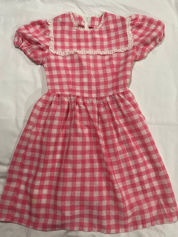 Vintage 1970s girls, pink gingham dress with lace… - image 1