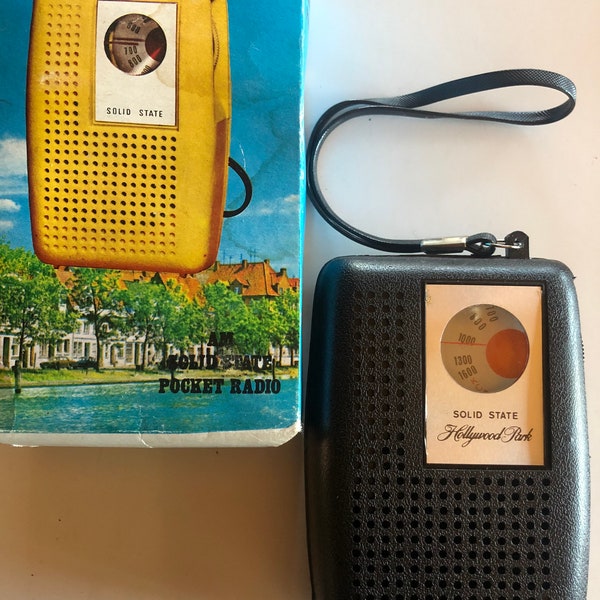 Vintage solid state am pocket radio from Hollywood Park. New old stock
