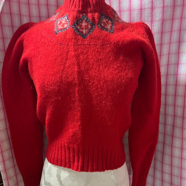 True vintage Reed Hunter red Shetland wool woman's sweater anchors around neck c1950