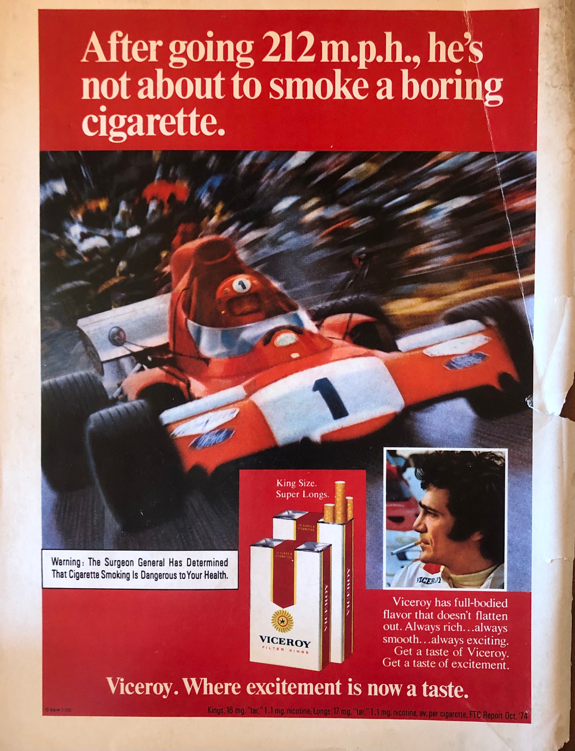Vintage Viceroy cigarette ad c 1973 featuring Parnelli Jones