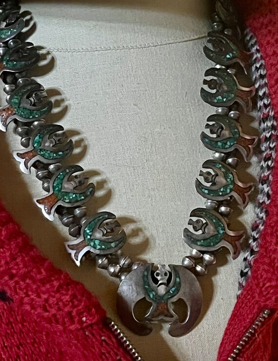 Champion Vintage Native American Navajo Bisbee Turquoise Squash Blossom Necklace Sterling Silver Champion Vintage Native American Navajo Bisbee Turquoise Squash Blossom Necklace Sterling Silver