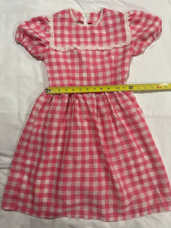 Vintage 1970s girls, pink gingham dress with lace… - image 2