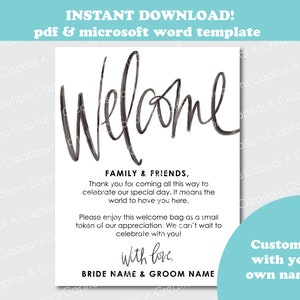 Wedding Welcome Printable Thank You Note Welcome Hotel Treat Bag Note