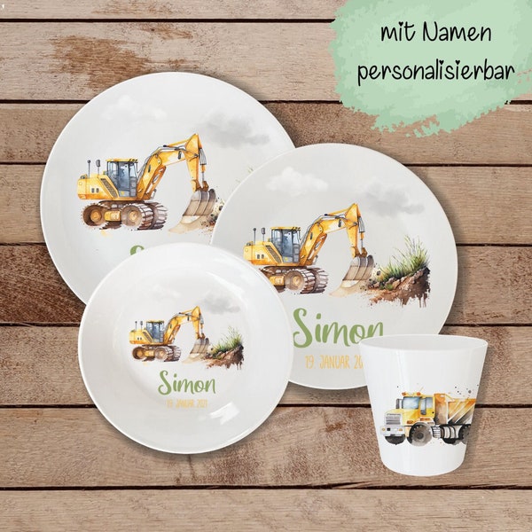 Kinderteller & Becher / Geburtsteller Simon mit Namen - Bagger, Baufahrzeuge, Laster