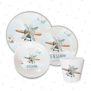 Children's plate & cup / birth plate Benjamin with name - airplane, aviator, sky