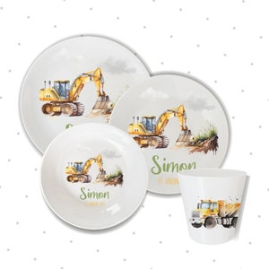 Children's plate & cup / birth plate Simon with name - excavators, construction vehicles, trucks