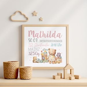 Geburtsposter Mädchen personalisiert, Wandbild mit Namen und Geburtsdaten, Design Mathilda mit Bären, Poster oder Leinwand fürs Babyzimmer