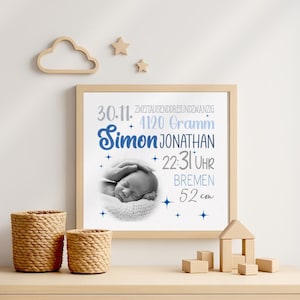 Geburtsposter Junge mit Foto, personalisiertes Wandbild mit Namen und Geburtsdaten, Design Simon Jonathan, Poster oder Leinwand Babyzimmer
