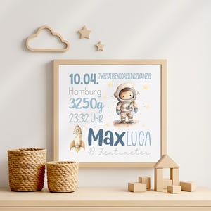 Geburtsposter Junge personalisiert, Wandbild mit Namen & Geburtsdaten, Design Max Luca mit Astronaut, Poster oder Leinwand fürs Babyzimmer