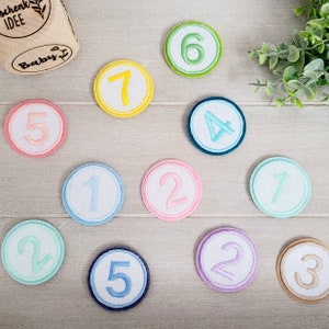 Könnte beinhalten: Zehn Filz-Kreise mit den Zahlen 1 bis 7, sowie zwei Kreise mit der Zahl 2 und zwei Kreise mit der Zahl 5. Die Kreise sind in verschiedenen Farben, darunter rosa, blau, grün, gelb und beige.