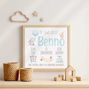 Geburtsposter Junge personalisiert, Wandbild mit Namen und Geburtsdaten, Design Benno mit Elefant, Poster oder Leinwand fürs Babyzimmer
