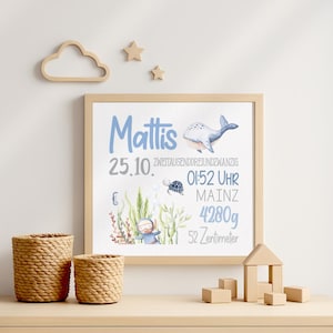 Geburtsposter Junge personalisiert, Wandbild mit Namen und Geburtsdaten, Design Mattis mit Wal & Taucher, Poster oder Leinwand Babyzimmer