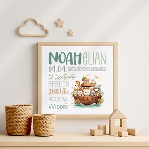 Geburtsposter Junge personalisiert, Wandbild mit Namen & Geburtsdaten, Design Noah Elian mit Arche Noah, Poster oder Leinwand zur Taufe