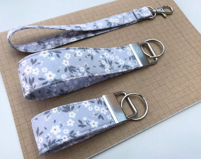 Keyfob or wristlet key chain - Grey blossom fabric