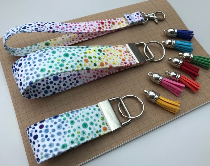 Keyfob or wristlet key chain - White rainbow spotty fabric