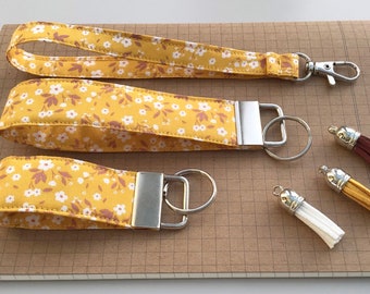 Keyfob or wristlet key chain - Mustard flower fabric