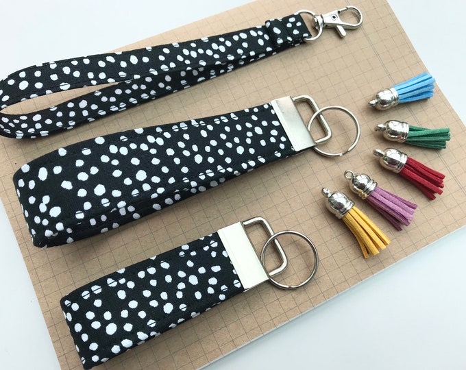 Keyfob or wristlet key chain - Black & white BIG spots fabric