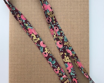 Rifle Paper Burgundy  floral fabric skinny lanyard