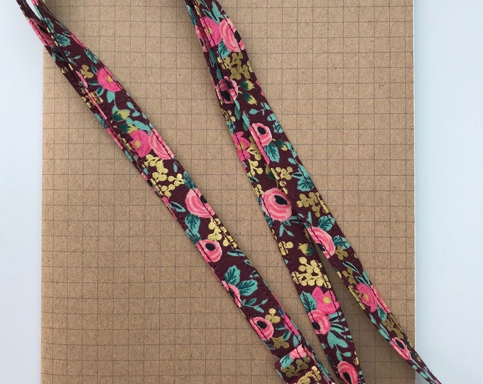 Rifle Paper Burgundy  floral fabric skinny lanyard