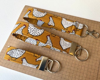 Keyfob or wristlet key chain - Mustard chicken fabric