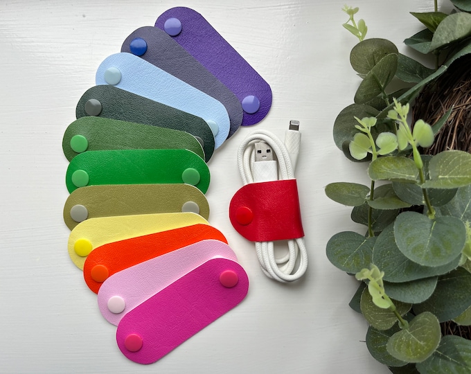Faux Leather Cable Keeper: Bright Cord Organizer with Snap