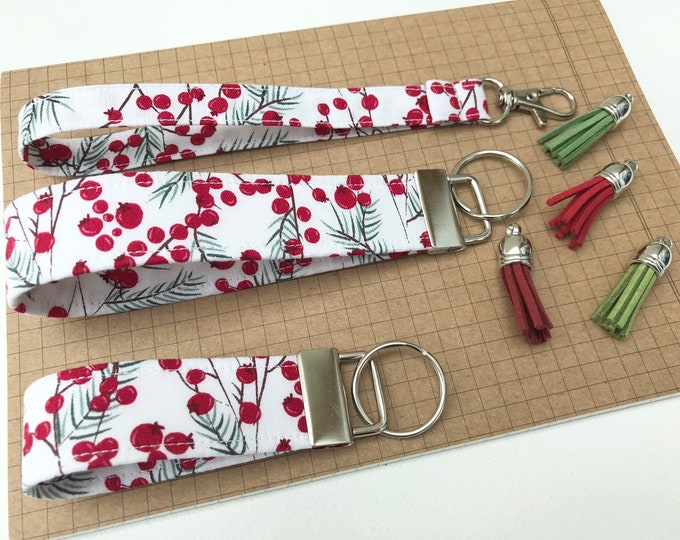 Keyfob or wristlet key chain - Red berry fabric