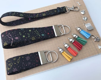Keyfob or wristlet key chain - Black rainbow symbols fabric
