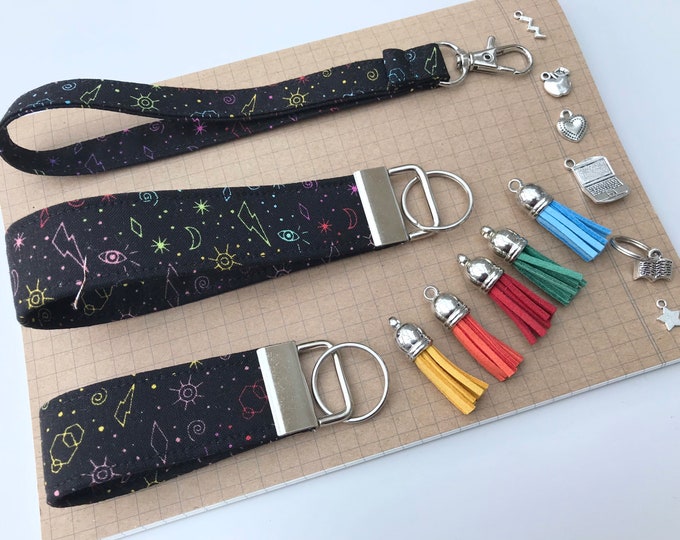 Keyfob or wristlet key chain - Black rainbow symbols fabric