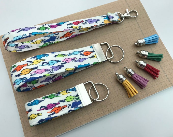 Keyfob or wristlet key chain - Rainbow horse fabric