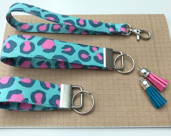 Keyfob or wristlet key chain - Aqua animal print fabric