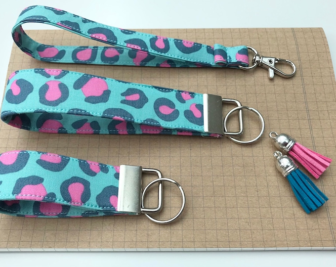 Keyfob or wristlet key chain - Aqua animal print fabric