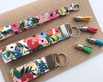Keyfob or wristlet key chain - Rifle Paper Wildwood cream floral fabric