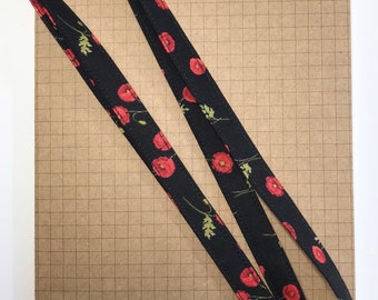 Black Poppy fabric skinny lanyard