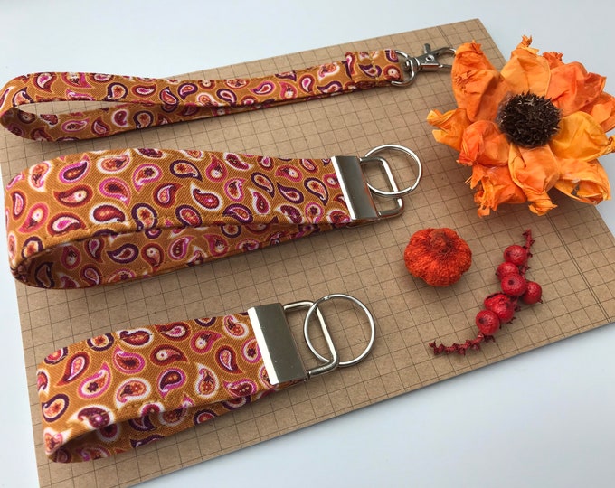 Keyfob or wristlet key chain - Ochre Mustard paisley fabric