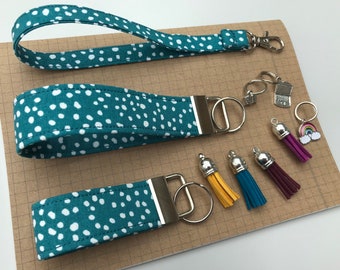 Keyfob or wristlet key chain - Teal BIG spots fabric