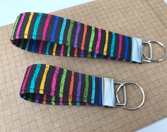 Keyfob or wristlet key chain - Dark Grey Rainbow fabric