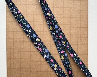 Navy Blue floral fabric lanyard