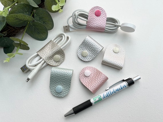 Cable Keeper, Cord Holder, Cable Tidy Pearl Lustrous Pebble Faux Leather