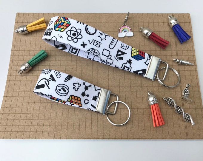 Keyfob or wristlet key chain - White science geek fabric