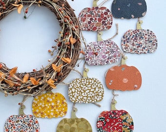 Liberty & Lewis and Irene Fabric Wooden Decoration, Autumn Decor, Wooden Pumpkin Decoration