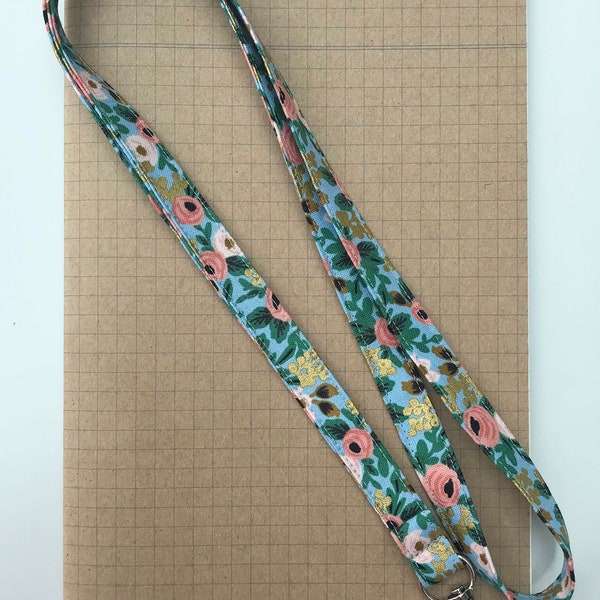 Rifle Paper Light blue floral fabric skinny lanyard