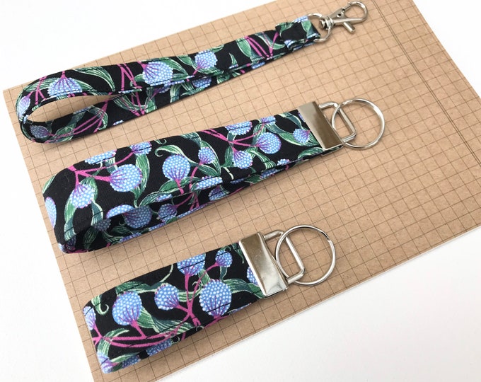 Keyfob or wristlet key chain - Blue berries fabric