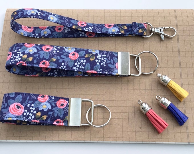 Keyfob or wristlet key chain - Rifle Paper Navy floral fabric