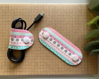 Cable Keeper, Cord Holder, Cable Tidy Winter Fairisle Faux Leather