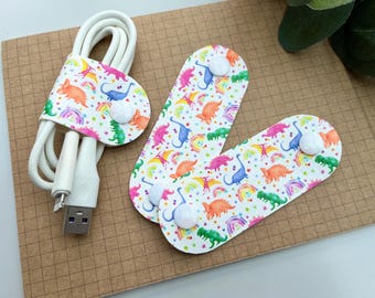 Cable Keeper, Cord Holder, Cable Tidy Faux Leather Rainbow Dinosaurs