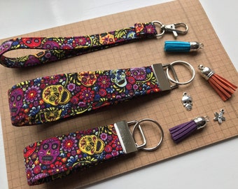 Keyfob or wristlet key chain - Sugar skull fabric