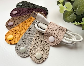 Cable Keeper, Cord Holder, Cable Tidy, Lace effect, Gothic, Steam Punk Faux Leather